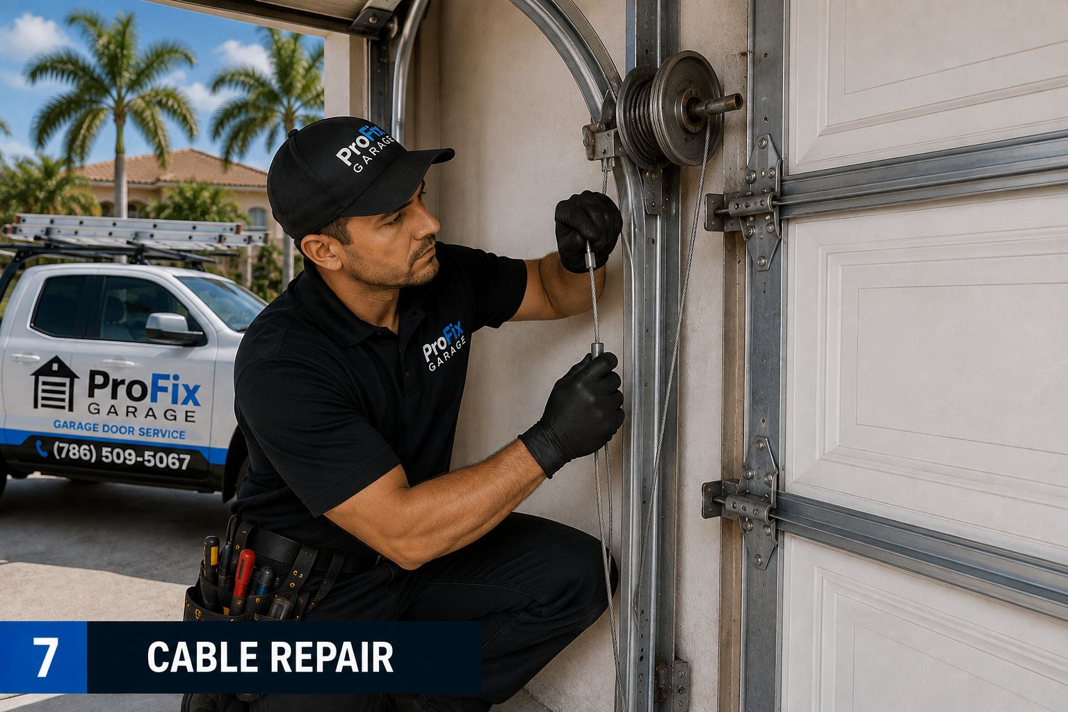 FIX-SOLUTION Garage Door Repair technician repairing a garage door lift cable and drum in Miami