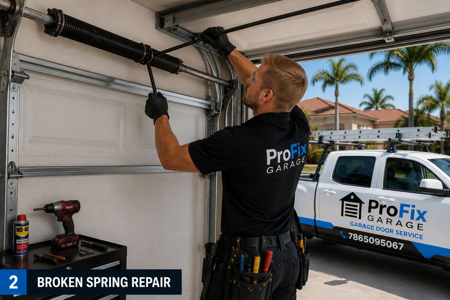FIX-SOLUTION Garage Door Repair technician replacing a broken torsion spring above a residential garage door in Miami