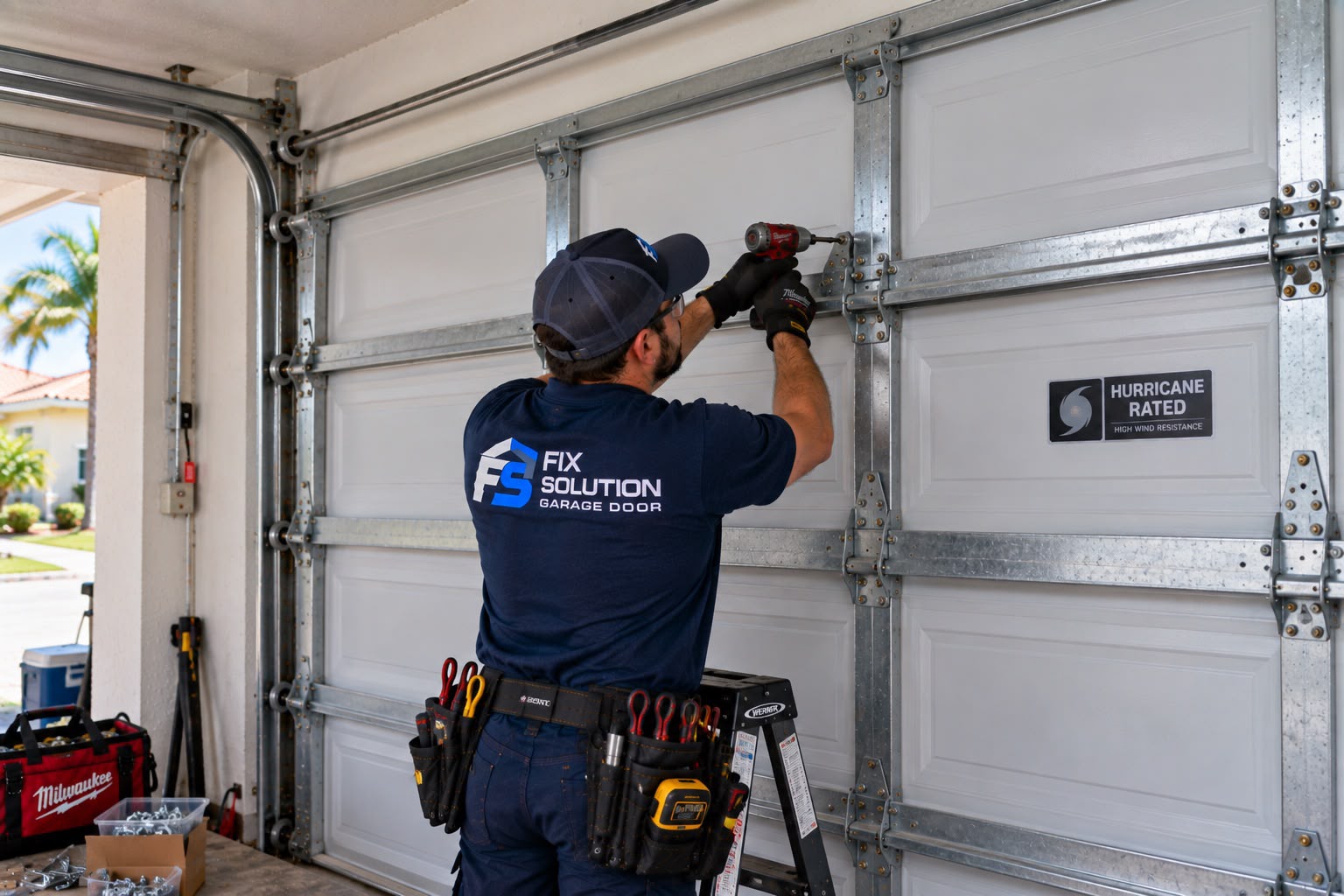 FIX SOLUTION GARAGE DOOR technician inspecting a residential garage door system in Miami, Florida