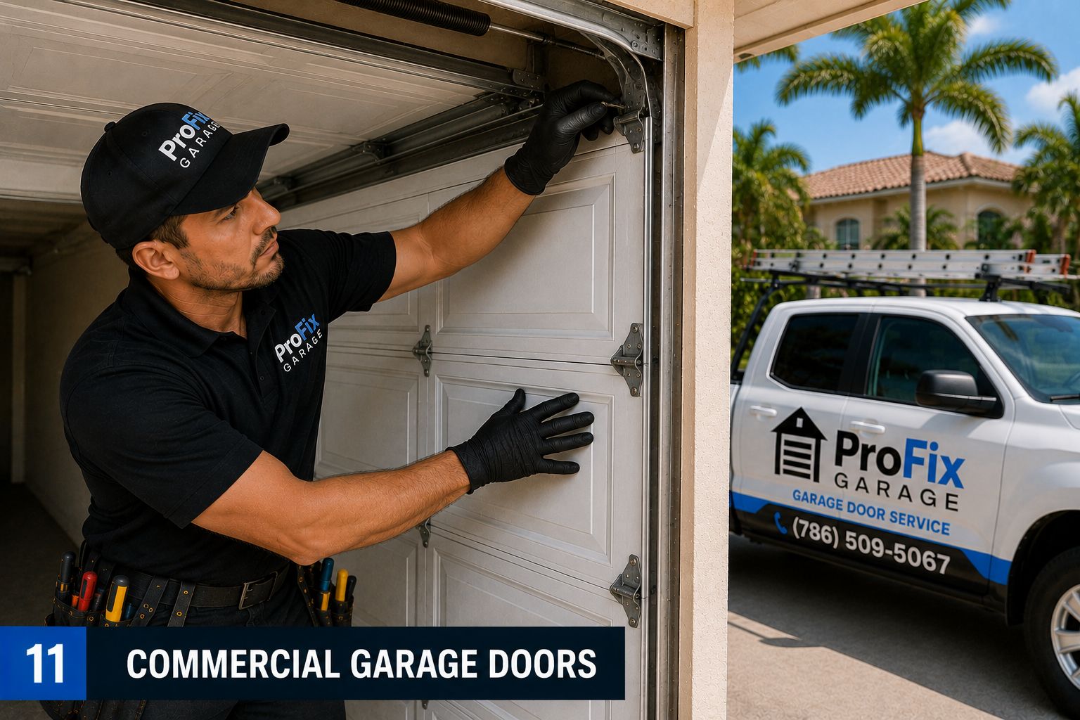 FIX-SOLUTION Garage Door Repair technician servicing a commercial garage door in Miami