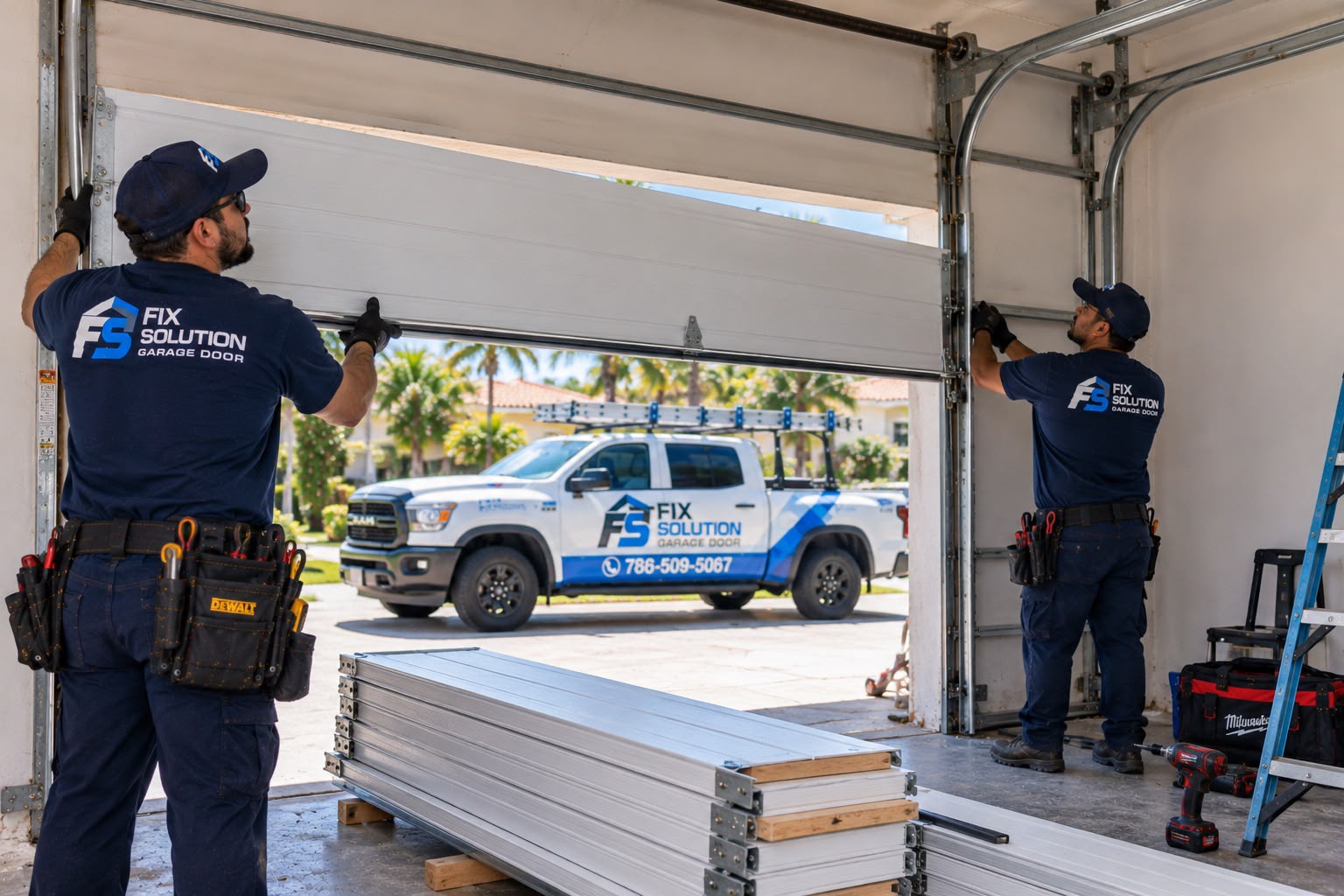 FIX-SOLUTION Garage Door Repair technician replacing a damaged garage door panel in Miami