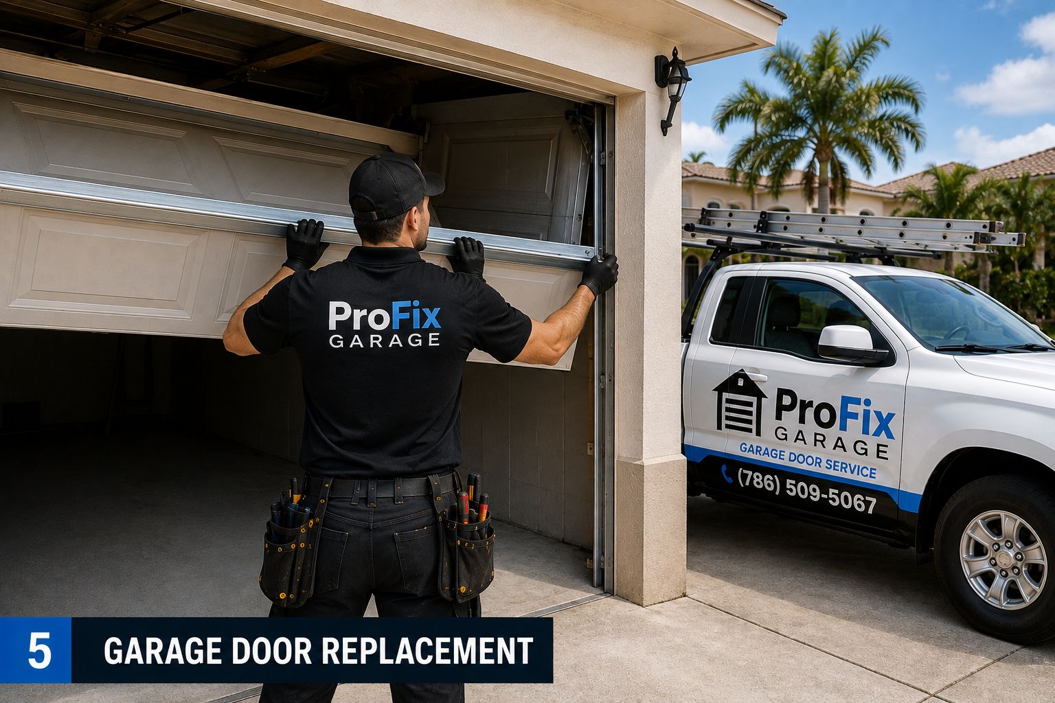 FIX-SOLUTION Garage Door Repair technician replacing a garage door section on a Miami home