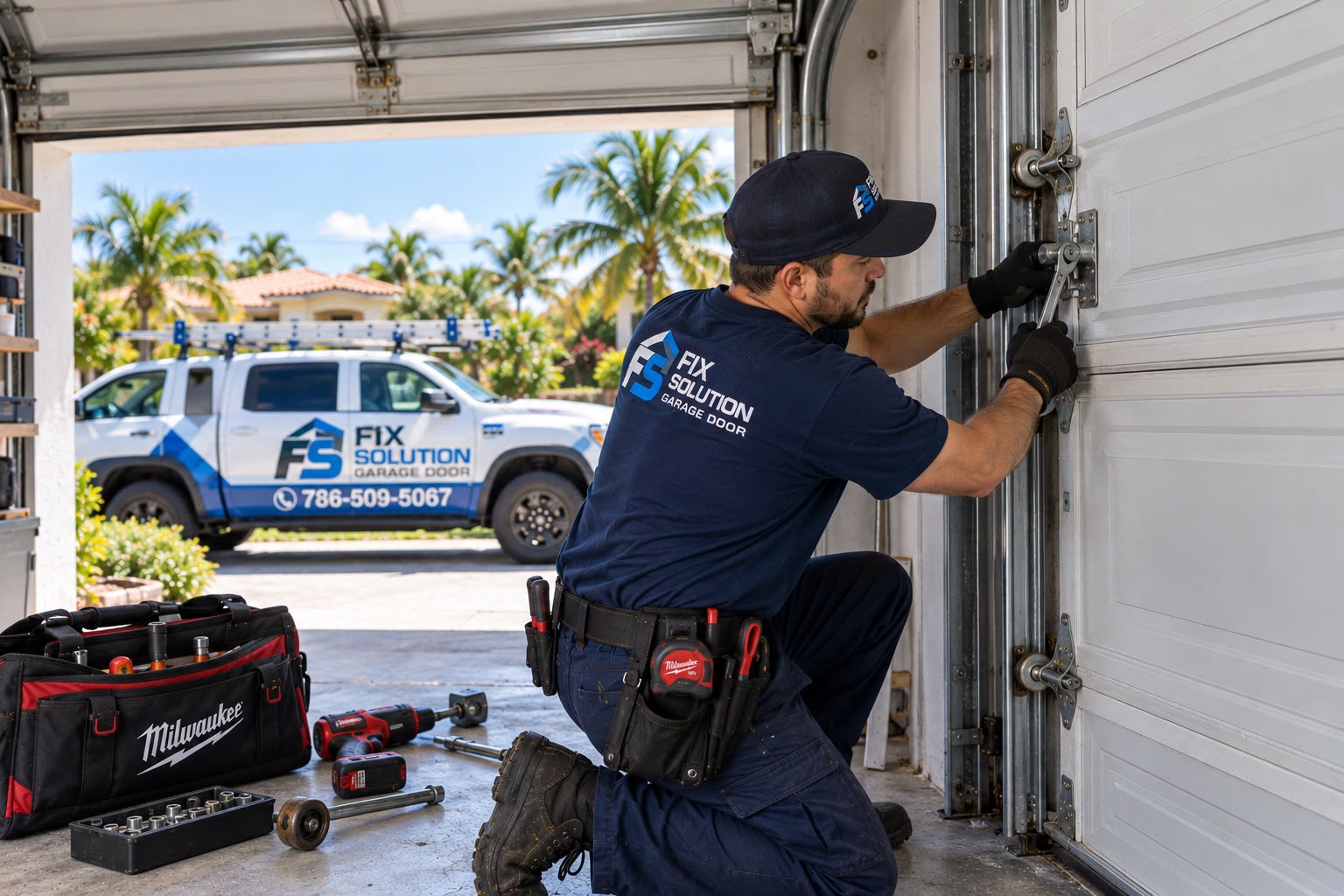 Garage door roller and track being inspected by a FIX SOLUTION GARAGE DOOR technician in Miami, Florida