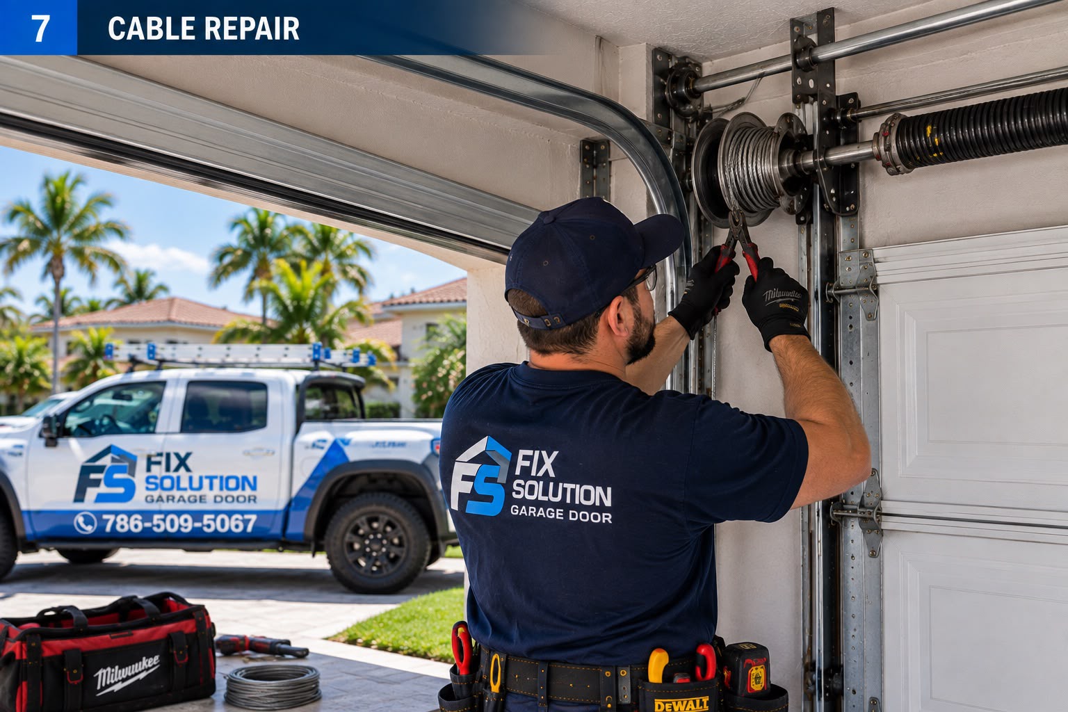 FIX SOLUTION GARAGE DOOR technician inspecting a broken garage door lift cable in Miami, Florida