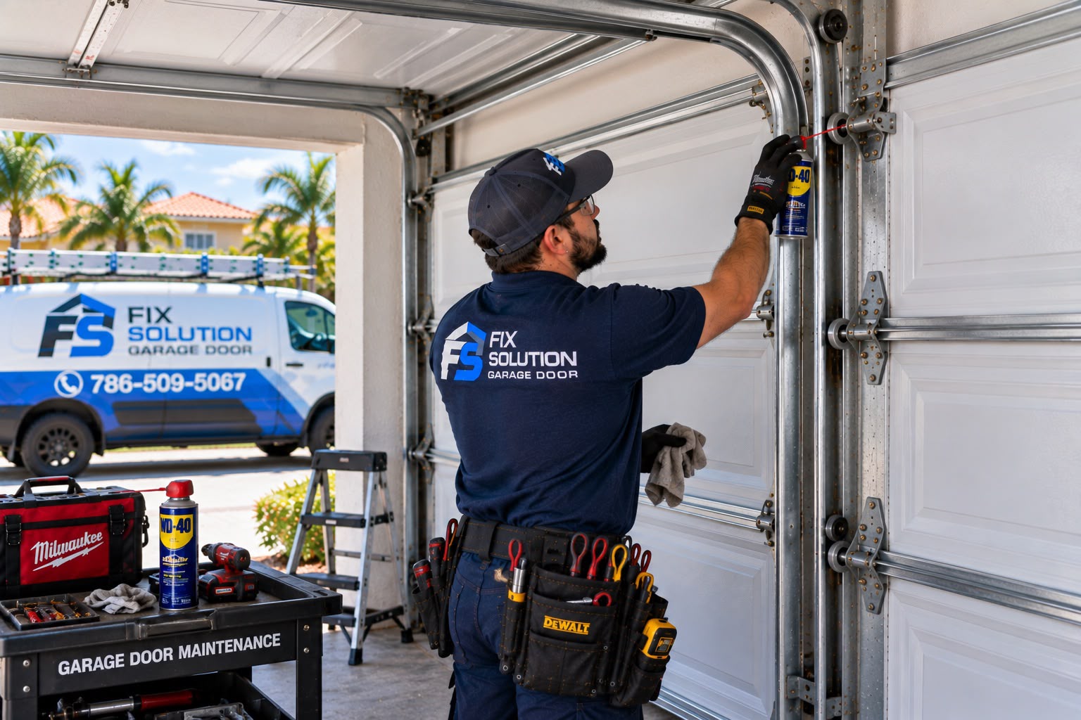 FIX SOLUTION GARAGE DOOR technician performing garage door maintenance at a South Florida home