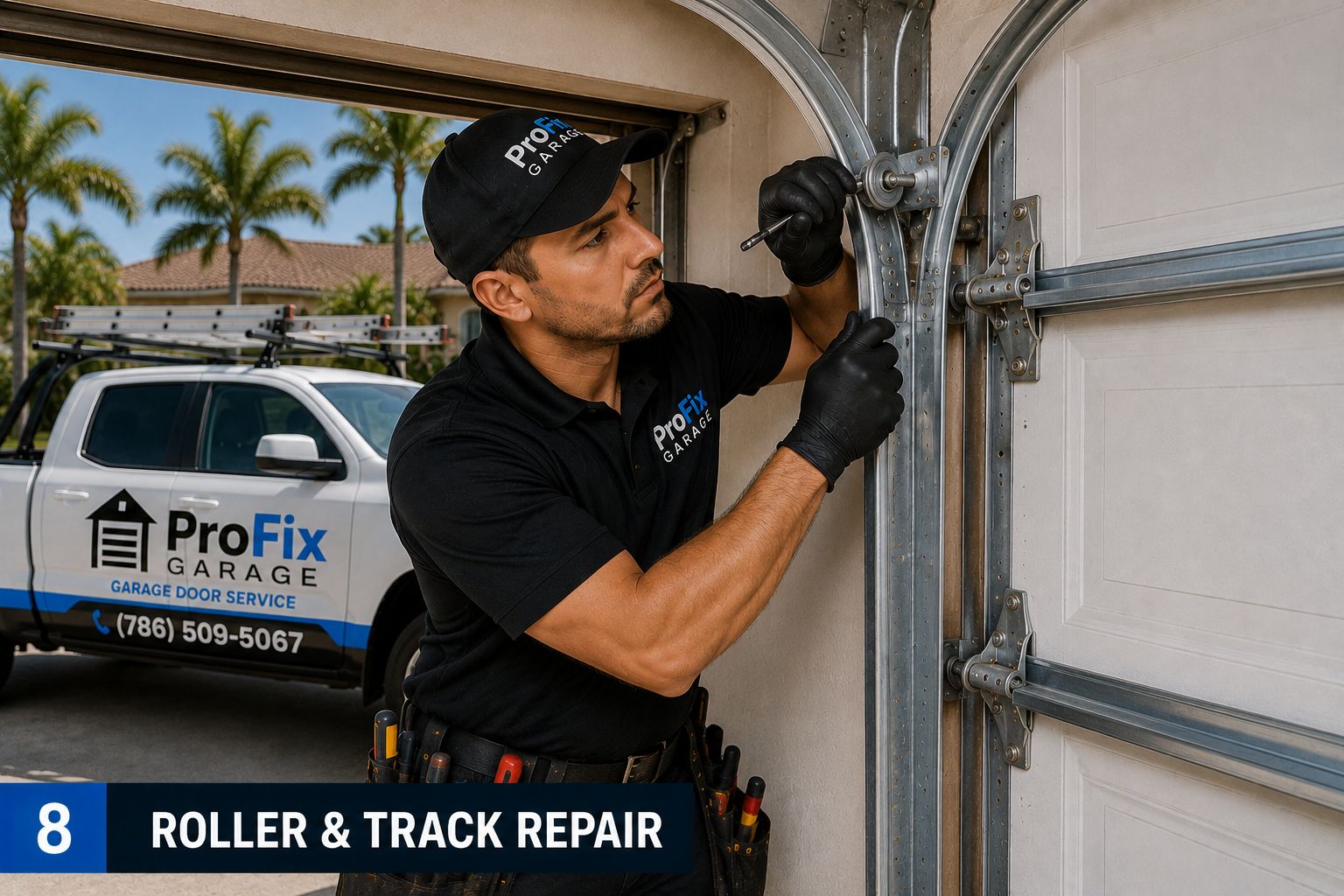 FIX-SOLUTION Garage Door Repair technician servicing garage door rollers and track in Miami