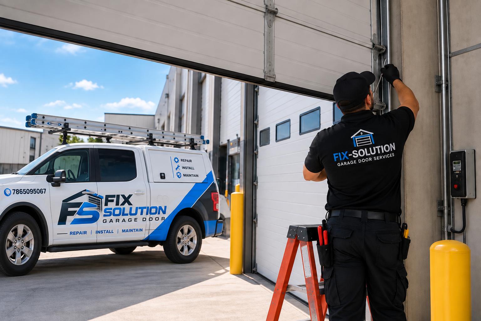 FIX-SOLUTION Garage Door Repair technician servicing a commercial garage door in Miami