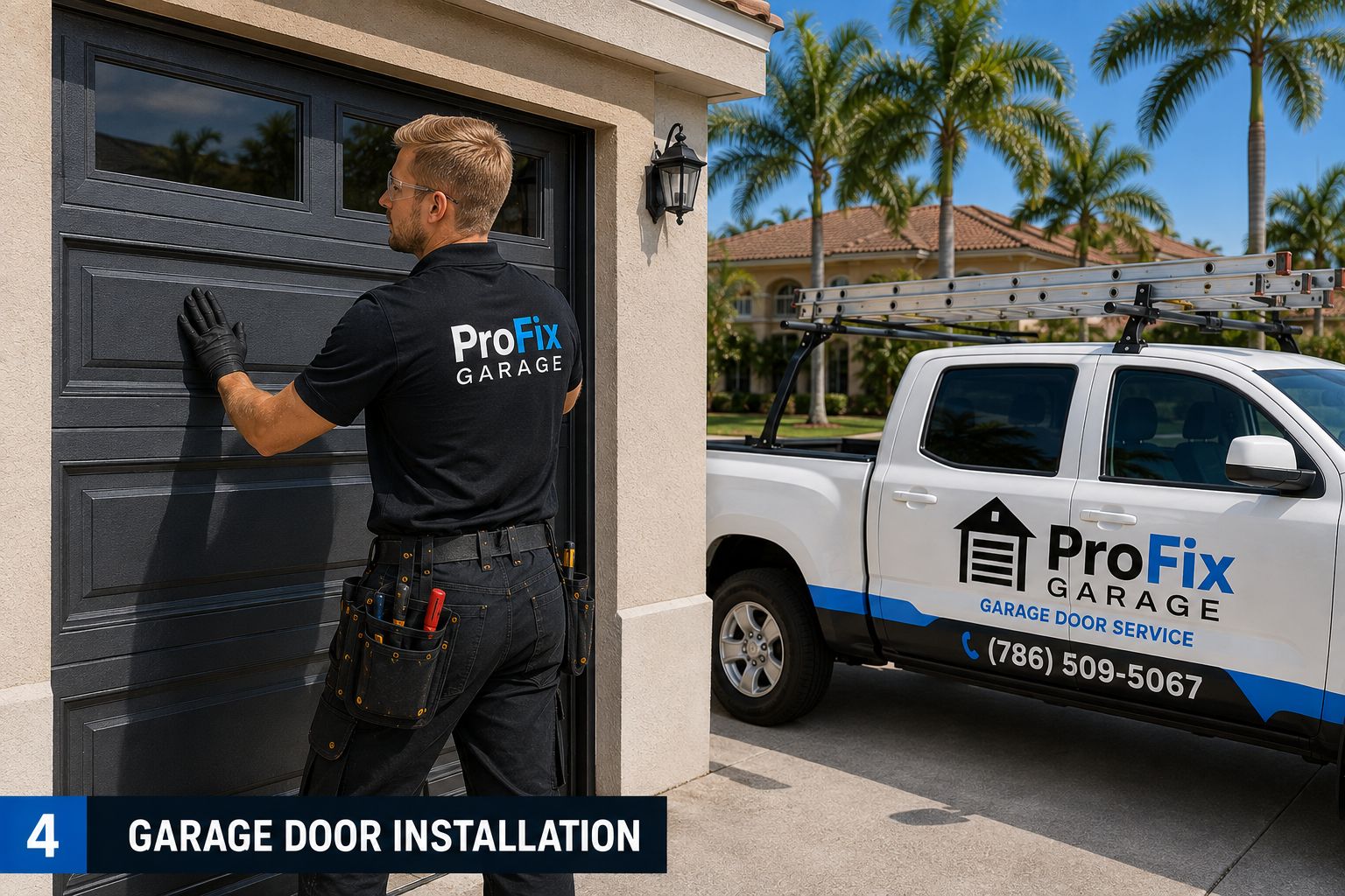 FIX-SOLUTION Garage Door Repair technician installing a new dark sectional garage door on a Miami home