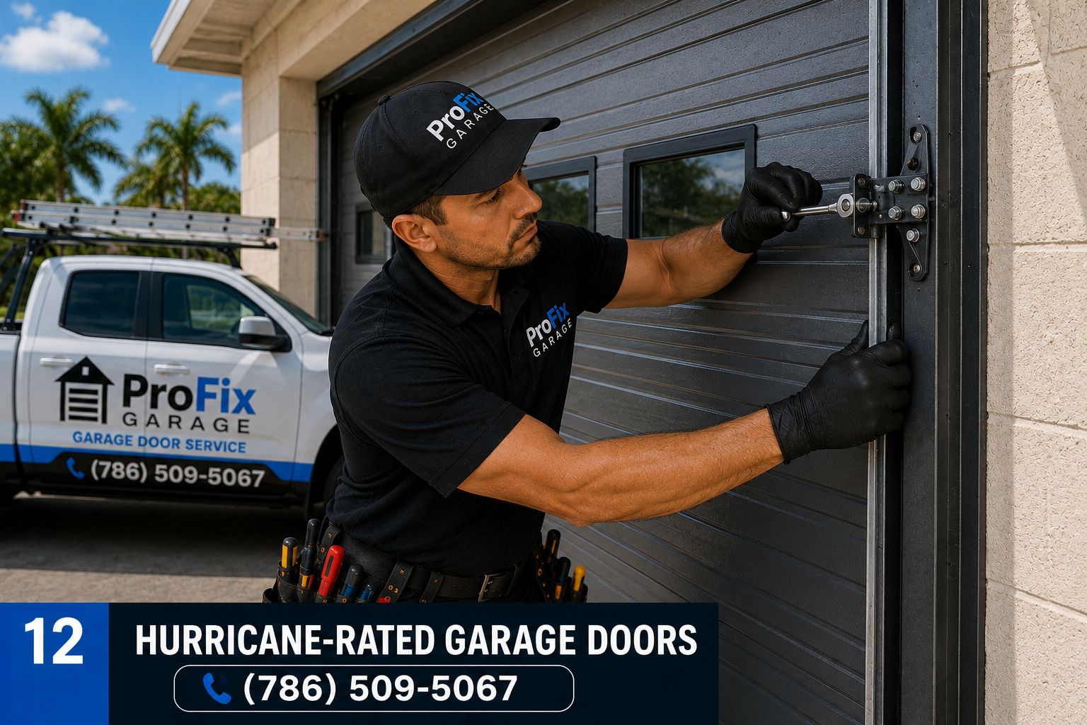 FIX-SOLUTION Garage Door Repair technician installing hurricane-rated garage door hardware in Miami