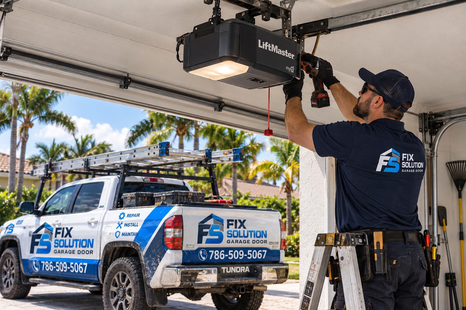 Garage door safety sensor and opener being inspected by a FIX SOLUTION GARAGE DOOR technician in Miami, Florida