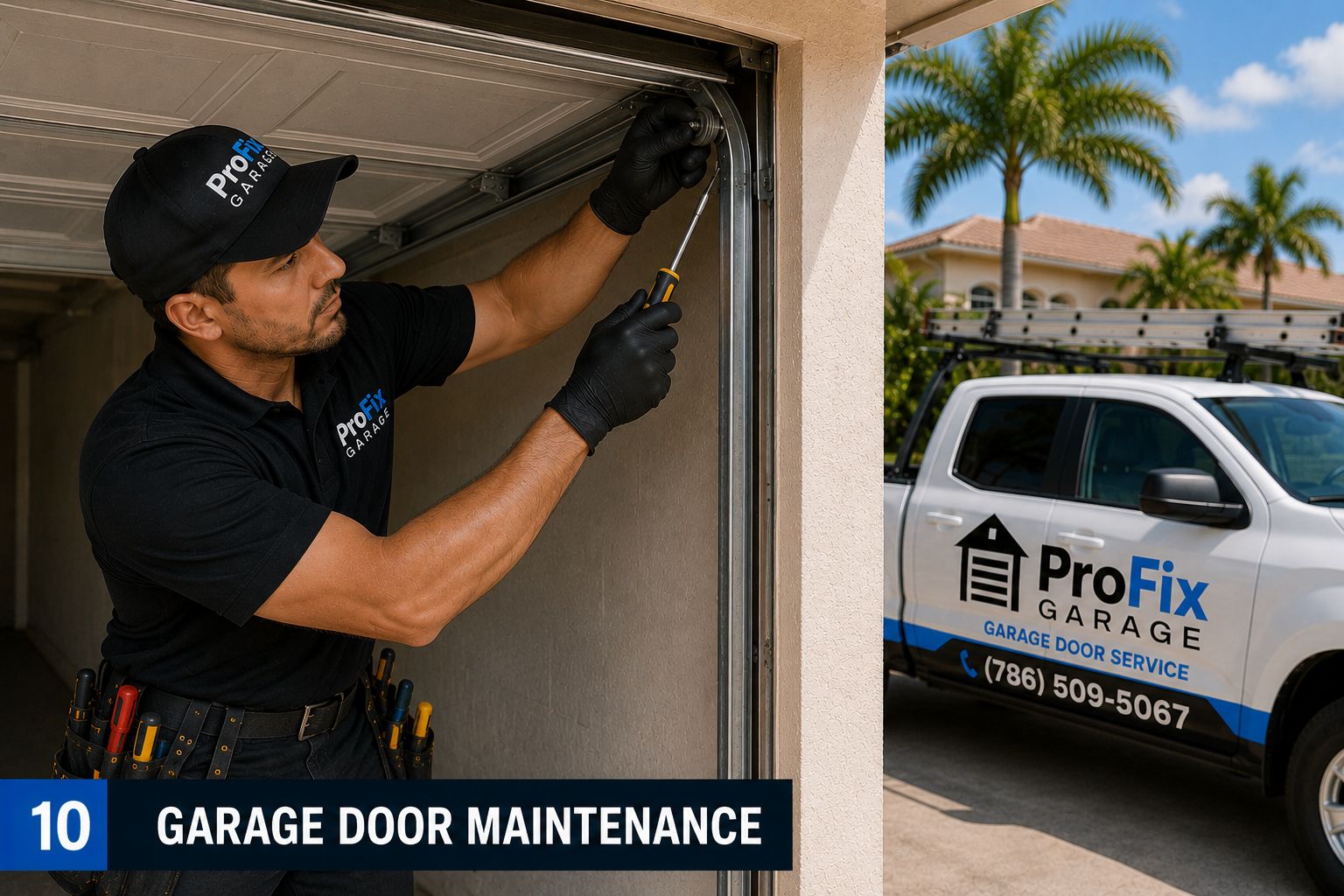 FIX-SOLUTION Garage Door Repair technician performing a garage door maintenance tune-up in Miami