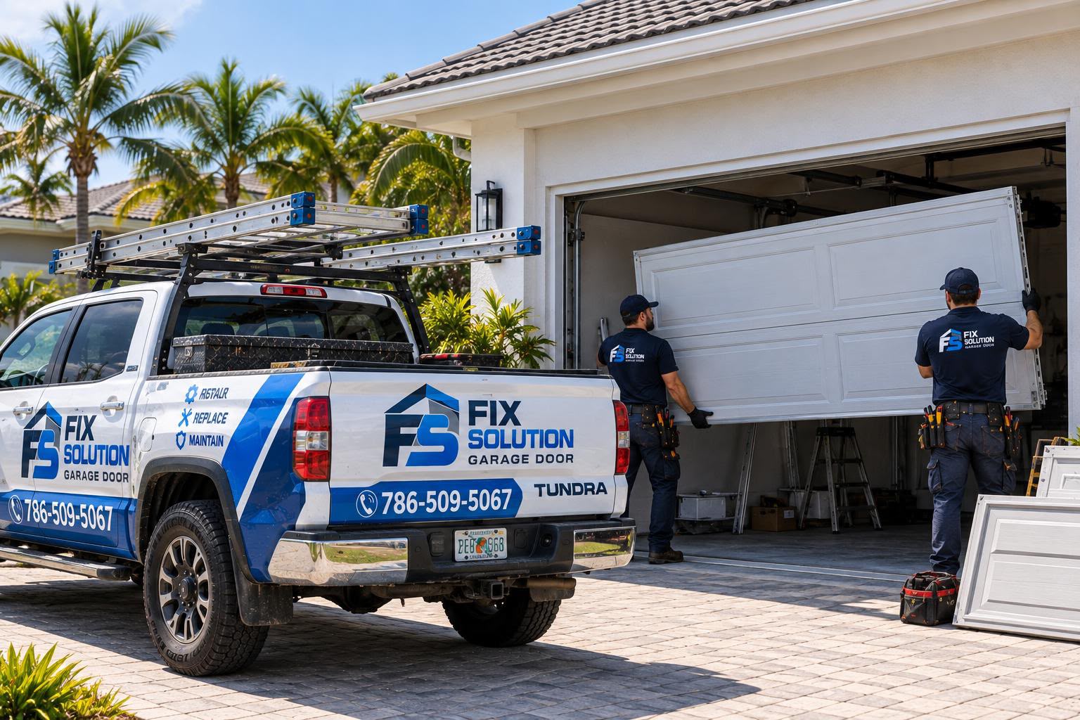 FIX SOLUTION GARAGE DOOR technicians installing a new garage door at a Miami, Florida home