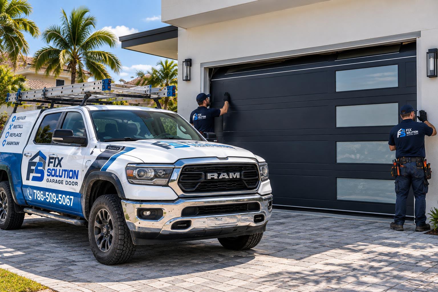 FIX SOLUTION GARAGE DOOR technicians replacing a residential garage door in Miami, Florida
