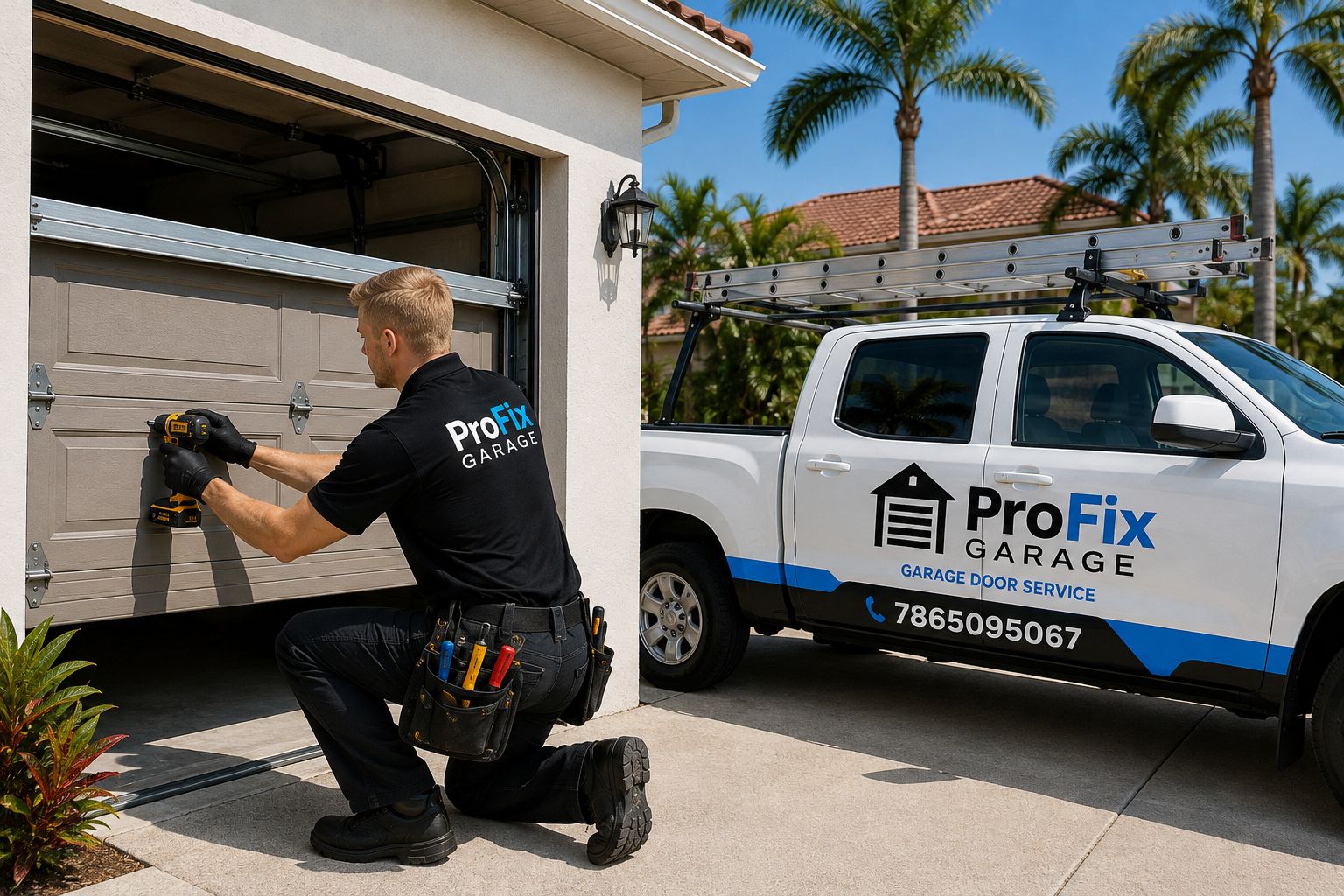 FIX-SOLUTION Garage Door Repair technician servicing a residential garage door in Miami with a service truck in the driveway