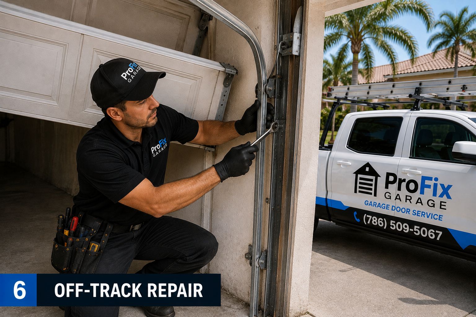 FIX-SOLUTION Garage Door Repair technician realigning an off-track garage door in Miami