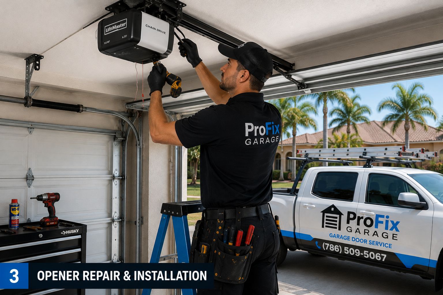FIX-SOLUTION Garage Door Repair technician servicing a chain-drive garage door opener in a Miami garage