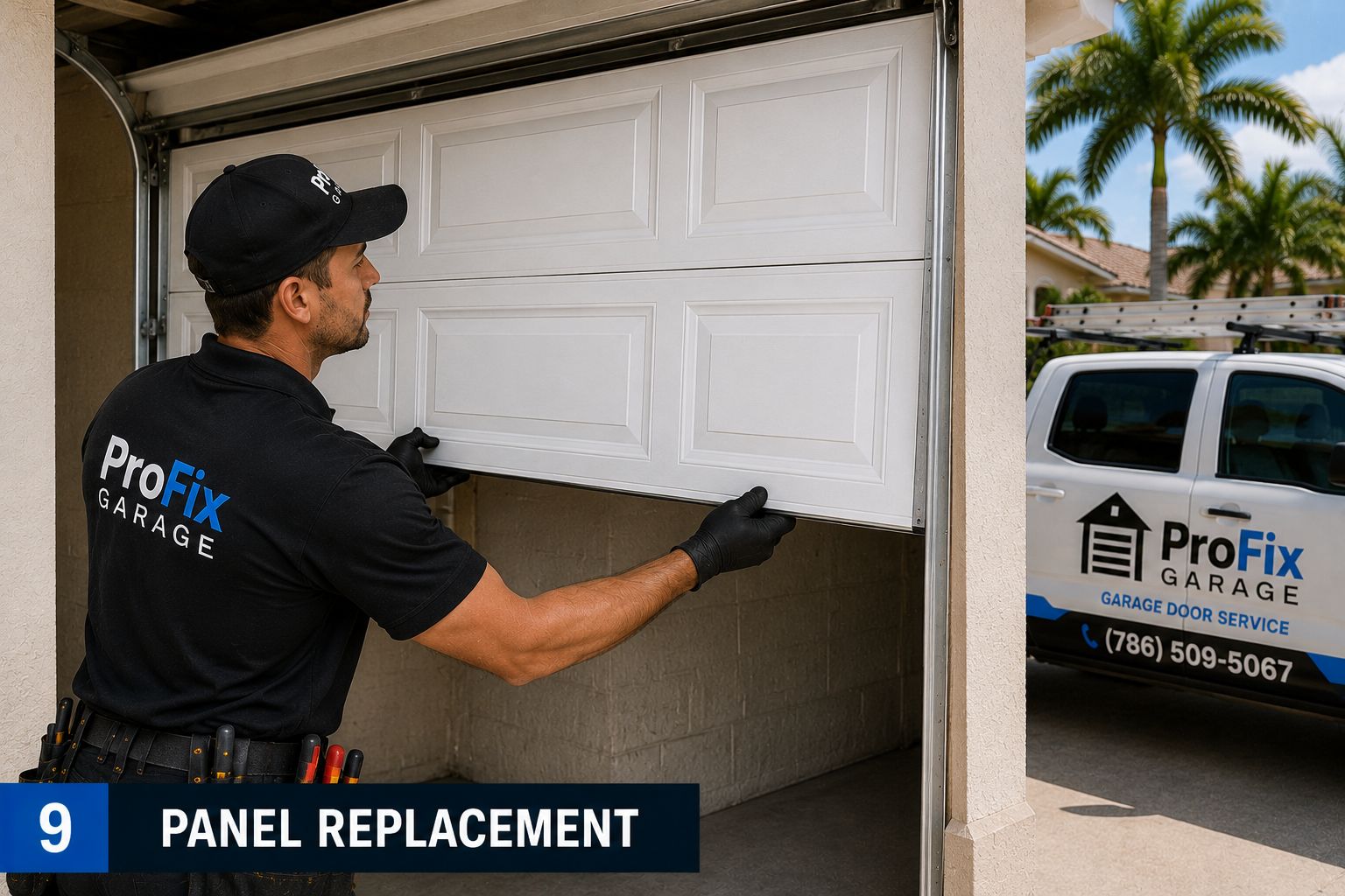 FIX-SOLUTION Garage Door Repair technician replacing a damaged garage door panel in Miami